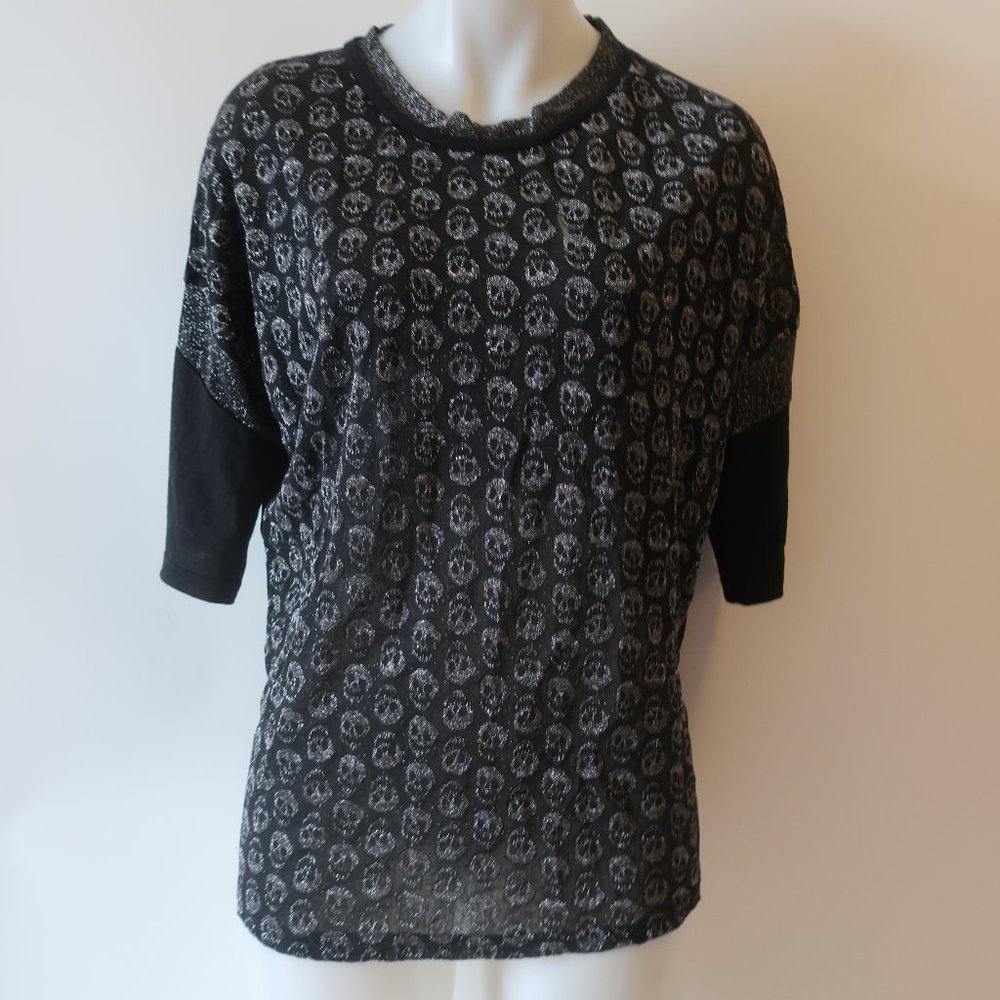 Womens Painting Black Silver Short Sleeve Metallic Skull Top S *